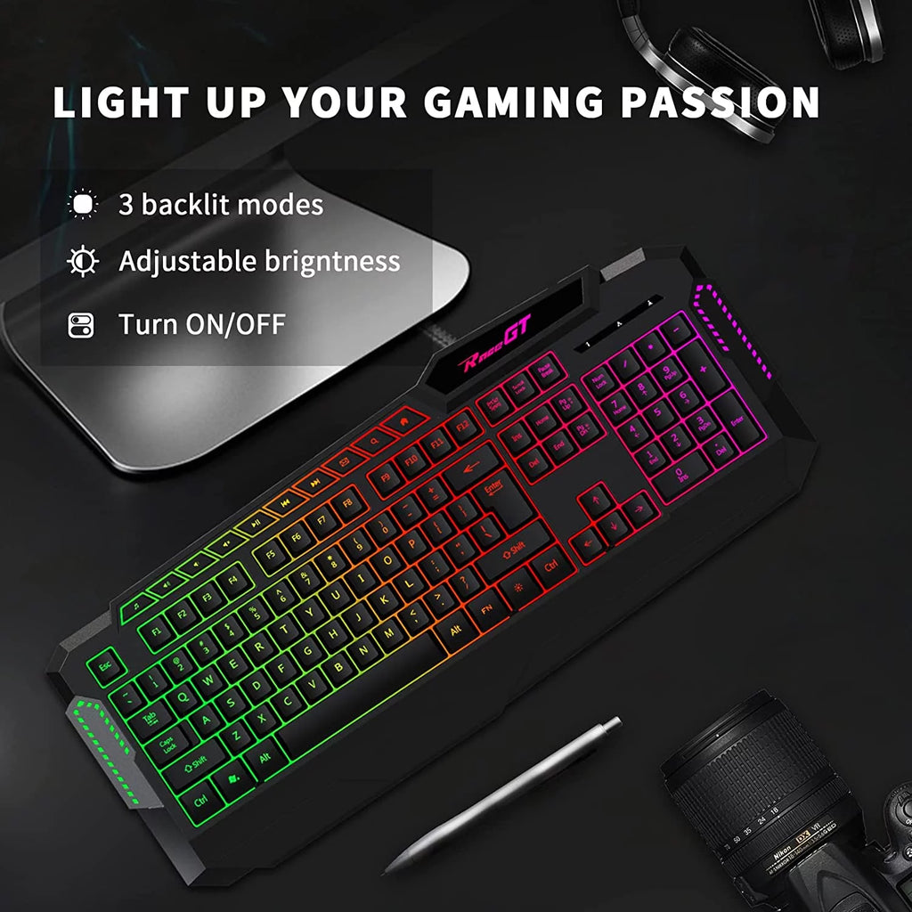 Gaming Keyboard, 114 Keys Full Size Wired Rainbow LED Backlit Quiet Computer Keyboard with Wrist Rest, Black R563