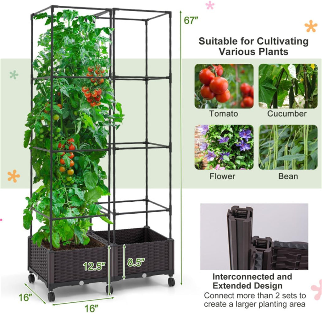 Raised Garden Bed Planter Box with Trellis for Climbing Plants Outdoor R41695