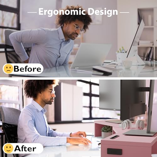 Dual Monitor Stand Riser with Smartphone Holder, Adjustable Wooden Desktop Organizer P70793