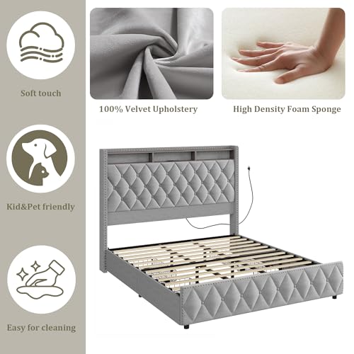 Queen Bed Frame with Tall Headboard, Velvet Upholstered, 4 Storage Drawers U913671