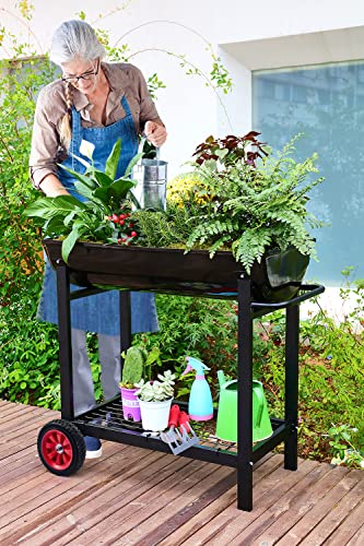 Metal Raised Planter Box on Wheels with Gardening Kit, Mobile Garden Bed Cart with Legs O92275