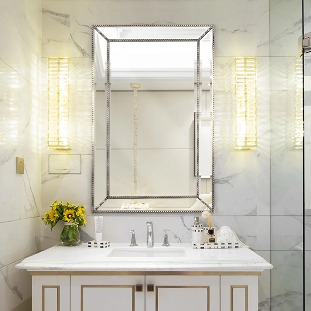 Champagne Silver Beaded Glass Framed Vanity Mirror - Rectangle for Bathroom & Living Room - 20"x32" Z524863