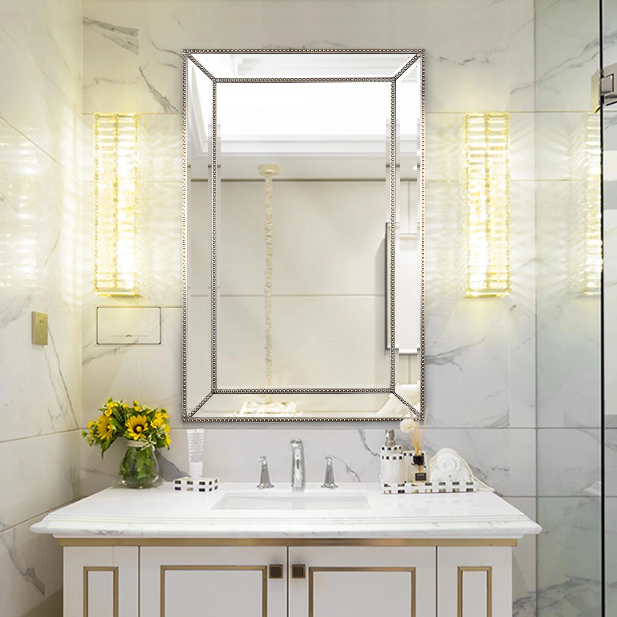 Champagne Silver Beaded Glass Framed Vanity Mirror - Rectangle for Bathroom & Living Room - 20"x32" Z524863