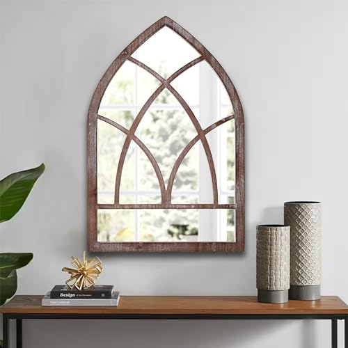 Arched Window Mirror Wall Decor 16 x 24 Inch, Distressed White Rustic H73088