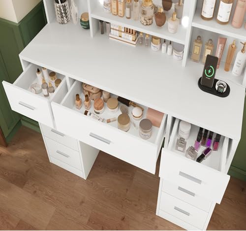 Vanity Desk with Mirror and Lights, 9 Drawers, 6 Open Shelves, Adjustable Brightness, White W8407