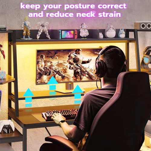 Gaming Desk with LED Lights, Hutch and Storage Shelves, Black R364