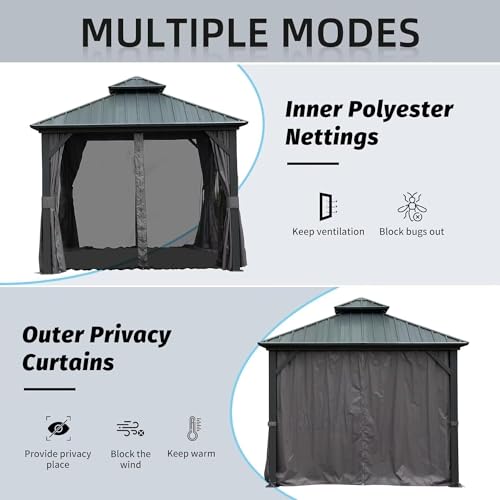 10 x 10 ft Hardtop Gazebo with Netting and Curtains, Galvanized Steel Roof for Patio and Garden X50618