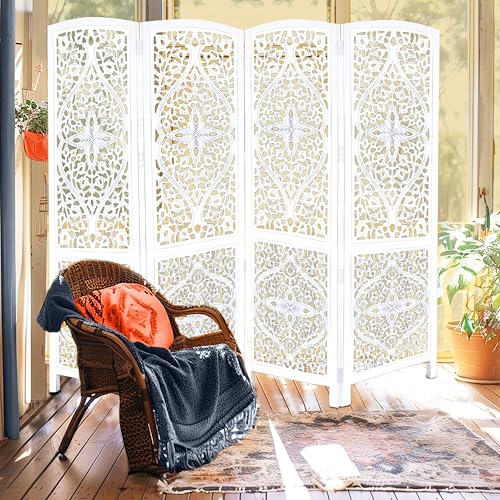 4 Panel Folding Wood Room Divider, Antique Brown, 72 x 80 L396608