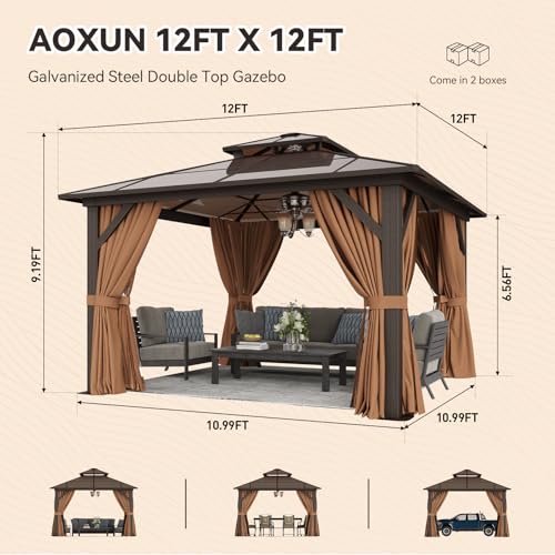 12x16 Hardtop Gazebo with Netting and Curtains, Aluminum Frame, Polycarbonate Roof N71921