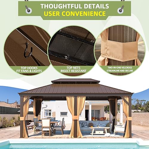 12x16 ft Hardtop Gazebo with Galvanized Steel Roof, Curtains and Netting V821