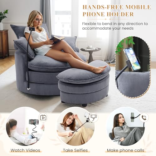 Swivel Accent Sofa Chair with Phone Holder & Storage Ottoman, Corduroy, Beige R7636