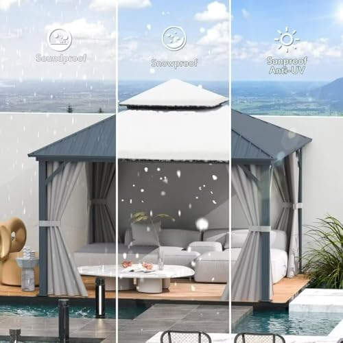10 x 10 ft Hardtop Gazebo with Netting and Curtains, Galvanized Steel Roof for Patio and Garden X50618