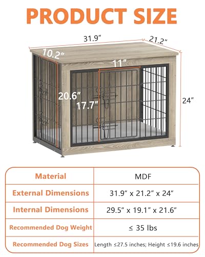 Dog Crate Furniture with Cushion, Heavy-Duty Metal Mesh, Wooden End Table with Double Doors, Indoor Kennel for Small Breed, Grey K856