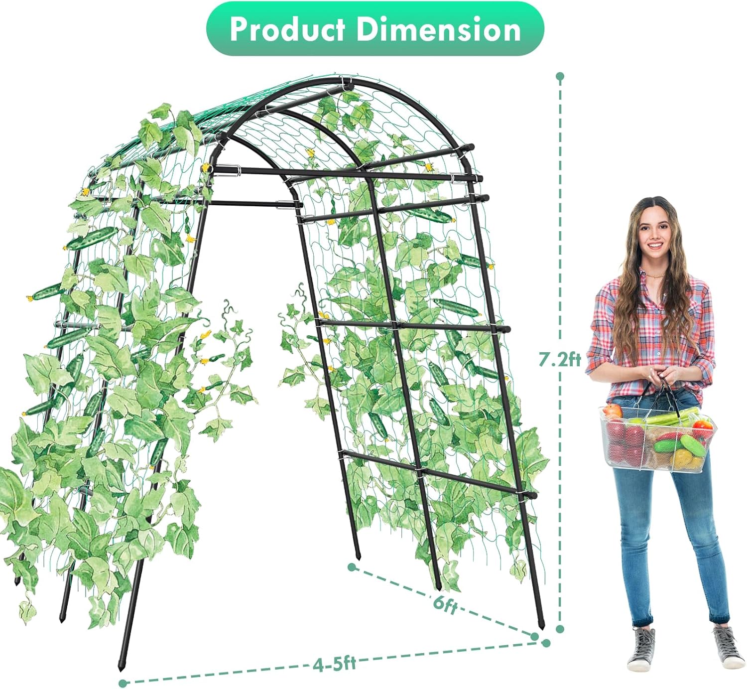 Garden Arch Trellis for Climbing Plants Outdoor, 7 Ft Tall Metal Archway with Nylon Net Z6359