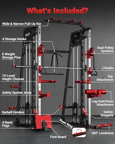 Smith Machine Home Gym All in One Squat Rack Power Cage with LAT Pull-Down and Cable Systems X5458