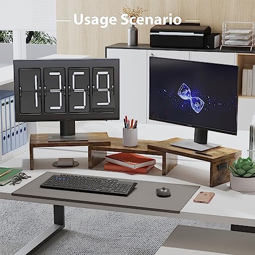 Dual Monitor Stand Riser with Smartphone Holder, Adjustable Wooden Desktop Organizer P70793