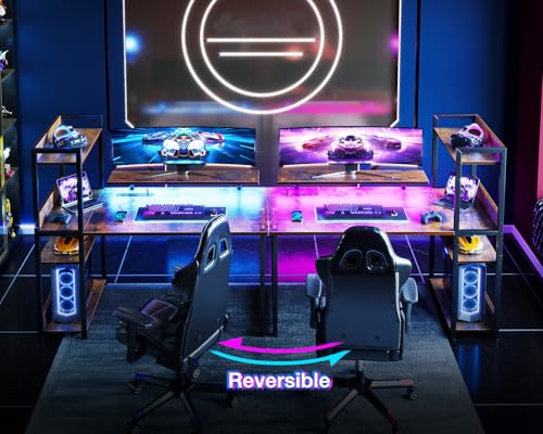 Reversible Gaming Desk with USB Charging Port and LED Lights, 40 Inch Computer Desk with Storage Shelves C134