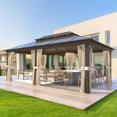 10'x13' Hardtop Gazebo with Polycarbonate Double Roof, Aluminum Frame, Curtains and Netting N263
