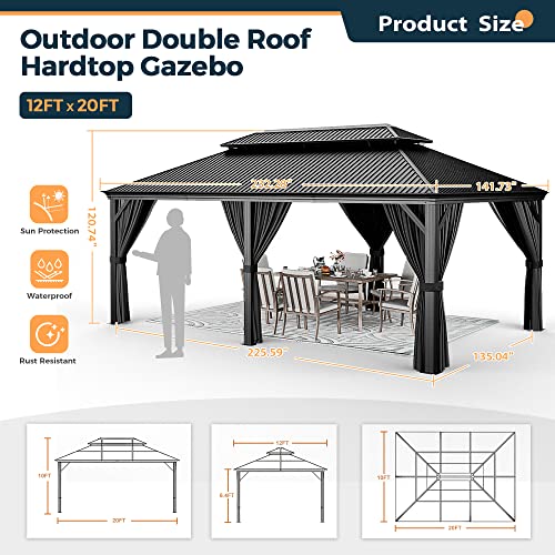 12 x 20 ft Hardtop Gazebo with Galvanized Steel Roof, Curtains and Netting for Patios, Gardens, Lawns A18995
