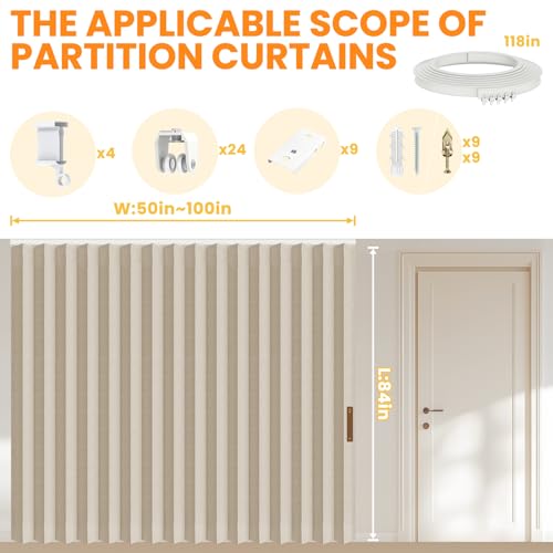 Accordion Room Divider Curtains with Ceiling Track, Grey, W100 x L84 J296