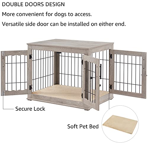 Wooden Dog Crate End Table with Double Doors and Pet Bed T245171
