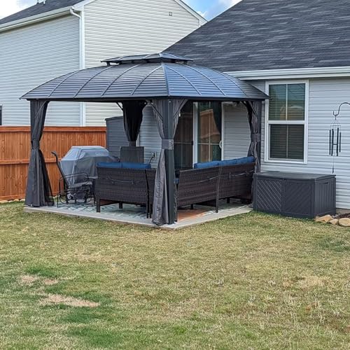 10 x 10 ft Hardtop Gazebo with Netting and Curtains, Galvanized Steel Roof for Patio and Garden X50618
