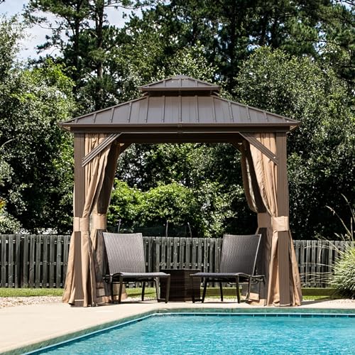 10 x 10 ft Hardtop Gazebo with Netting and Curtains, Galvanized Steel Roof for Patio and Garden X50618