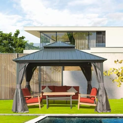 10 x 10 ft Hardtop Gazebo with Netting and Curtains, Galvanized Steel Roof for Patio and Garden X50618