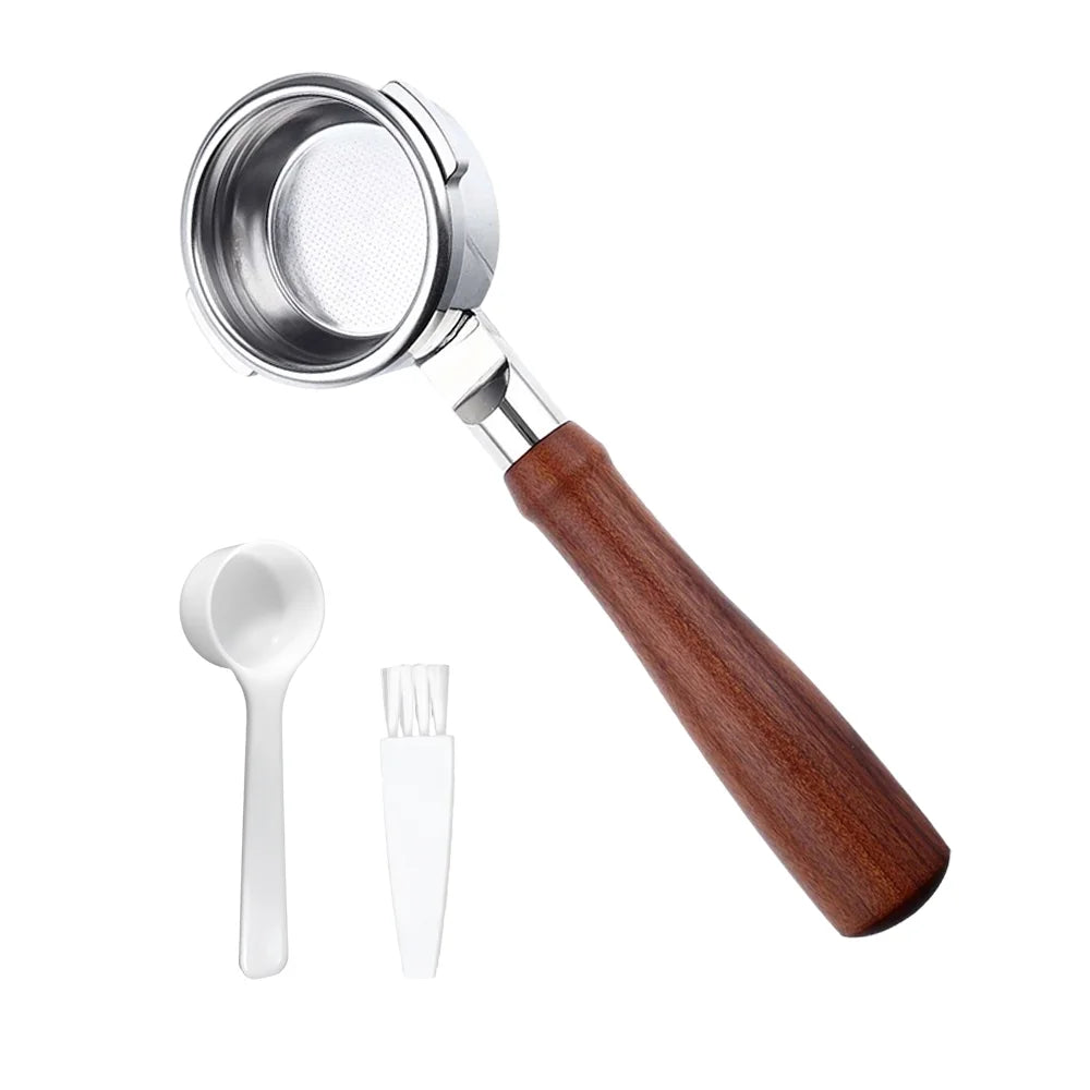 54mm Stainless Steel Bottomless Portafilter with Wood Handle, Filter, Basket, Spoon, and Brush G8121