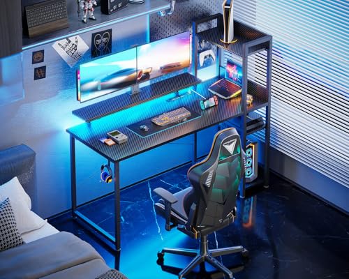 Reversible Gaming Desk with USB Charging Port and LED Lights, 40 Inch Computer Desk with Storage Shelves C134