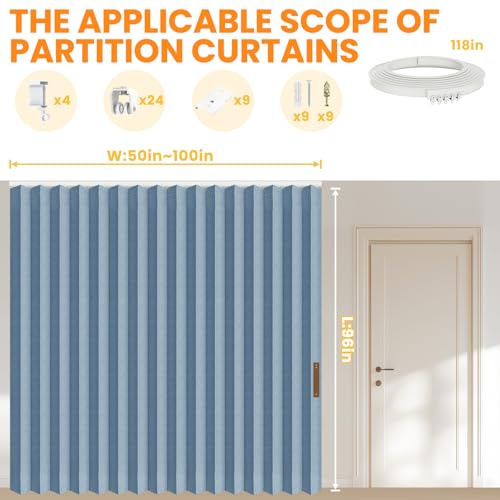 Accordion Room Divider Curtains with Ceiling Track, Grey, W100 x L84 J296