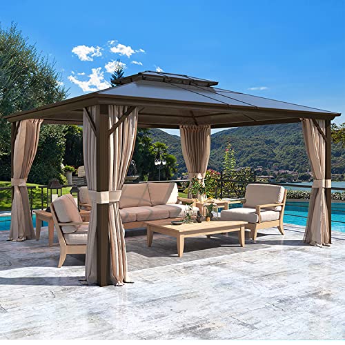 10'x13' Hardtop Gazebo with Polycarbonate Double Roof, Aluminum Frame, Curtains and Netting N263
