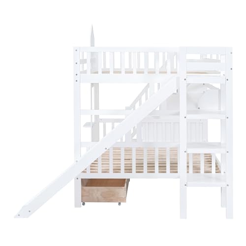 Twin Over Twin Bunk Bed with Stairs and Slide, Solid Wood Frame with Storage Y2445