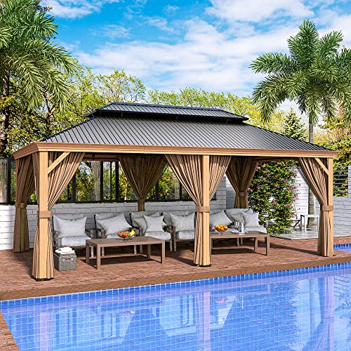 10 x 12 ft Hardtop Gazebo with Netting and Curtains, Double Roof Metal Canopy for Patio I7305