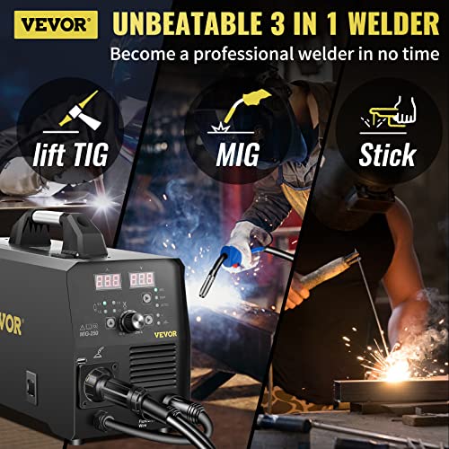 250Amp MIG Welder 3 in 1, 220V Flux Core/Gas/Solid Wire, Digital Multiprocess M104