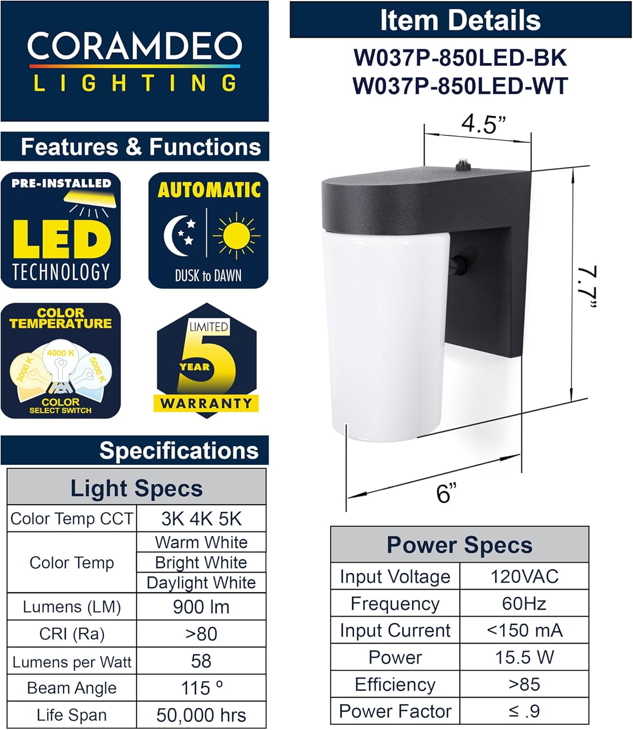 Modern LED Jelly Jar Light, Dusk to Dawn Photocell, Wet Location, 900 Lumens, Black Cast Aluminum R13353