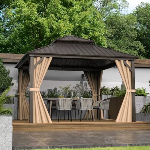 10 x 10 ft Hardtop Gazebo with Netting and Curtains, Galvanized Steel Roof for Patio and Garden X50618