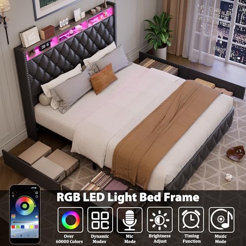 Queen Bed Frame with Tall Headboard, Velvet Upholstered, 4 Storage Drawers U913671