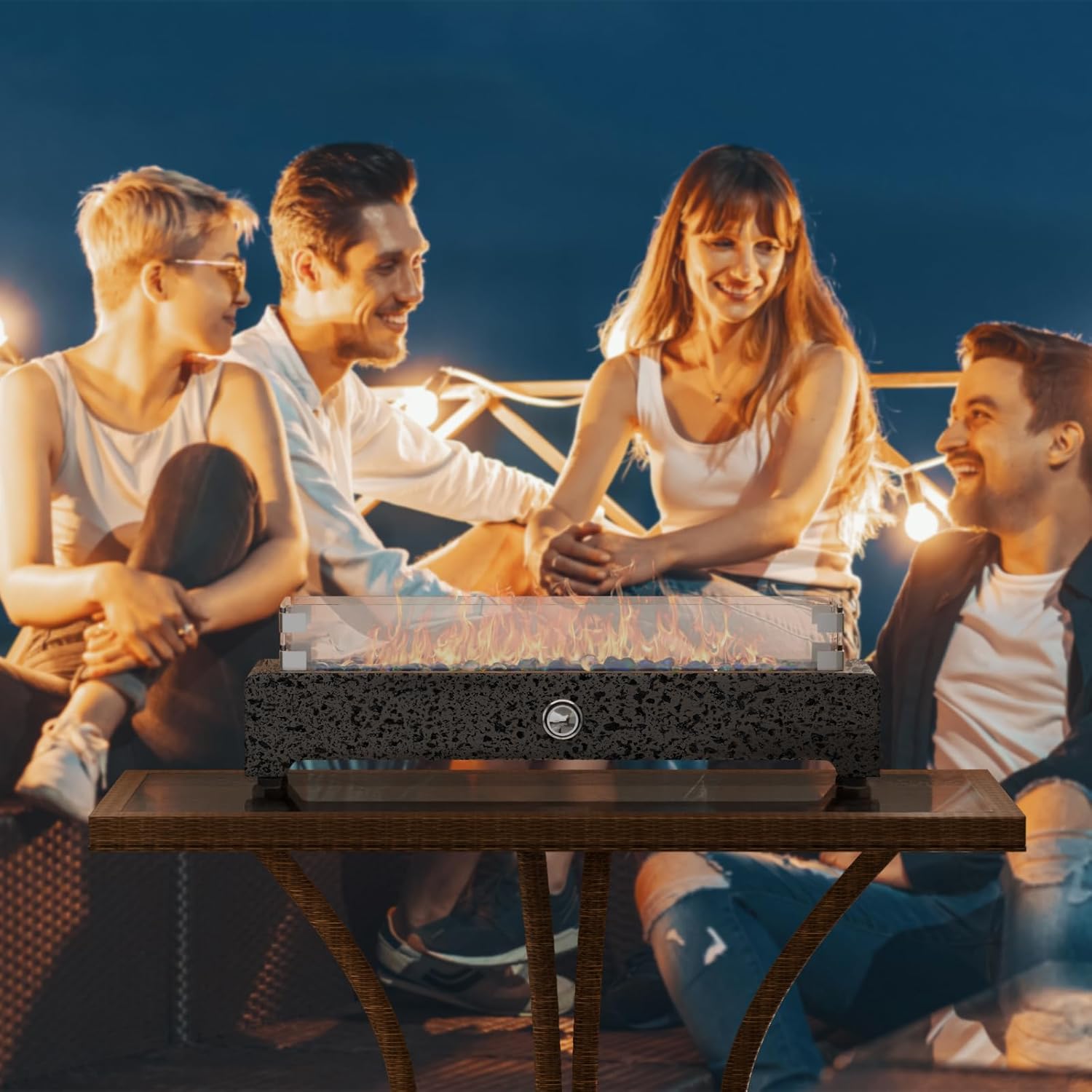 28" Tabletop Propane Fire Pit with Stainless Steel Burner and Glass Rocks A9454