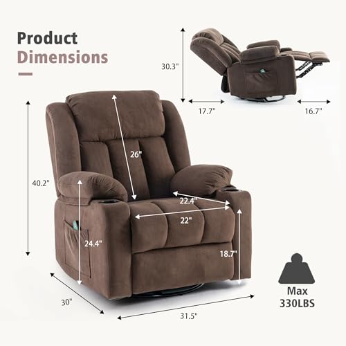 Swivel Recliner Chair for Adults with Massage and Heat, Fabric, Lime Gray B7507