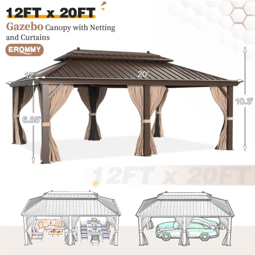 12x20 Hardtop Gazebo Double Roof Galvanized Steel Outdoor Aluminum Frame with Netting and Curtains M3306