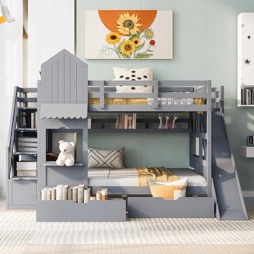 Kids Bunk Bed with Stairs and Slide, Twin Over Twin, Gray E77813