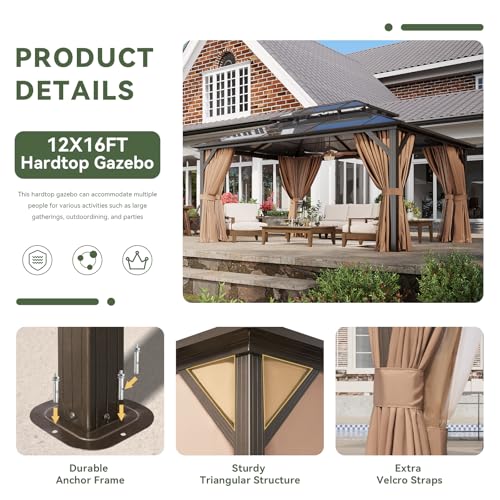 12x16 Hardtop Gazebo with Netting and Curtains, Aluminum Frame, Polycarbonate Roof N71921