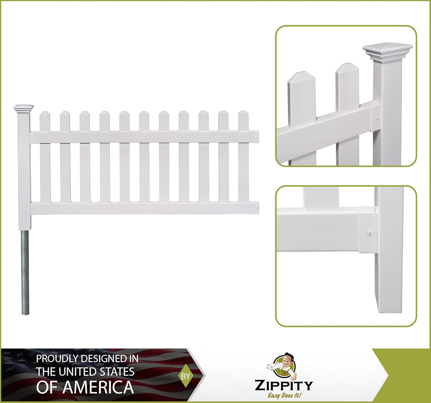 5.5' x 3' Hinged Portable Vinyl Fence Kit with 36" x 72" No-Dig White Picket Fence Panel L933507