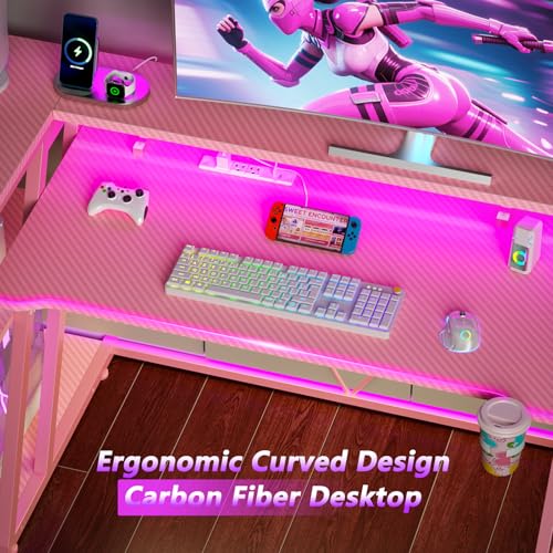 L Shaped Gaming Desk with Power Outlet and LED Lights T64283