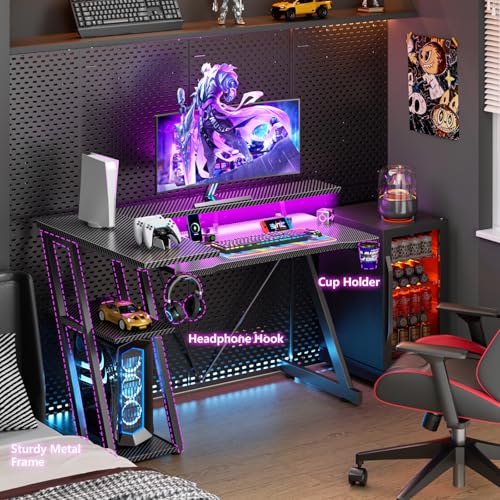 L Shaped Gaming Desk with Power Outlet and LED Lights T64283