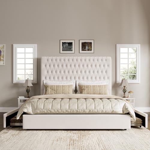 Velvet Upholstered King Bed Frame with Tall Headboard and Storage Drawers L58367