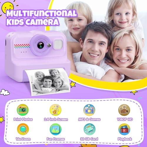 Kids Instant Print Camera 1080P HD with 3 Rolls Paper & 32GB Card V473