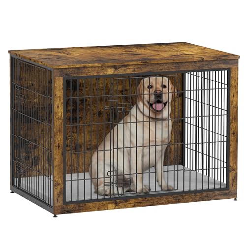 Dog Crate Furniture with Cushion, Heavy-Duty Metal Mesh, Wooden End Table with Double Doors, Indoor Kennel for Small Breed, Grey K856
