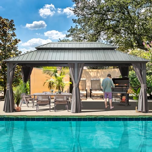 10 x 10 ft Hardtop Gazebo with Netting and Curtains, Galvanized Steel Roof for Patio and Garden X50618